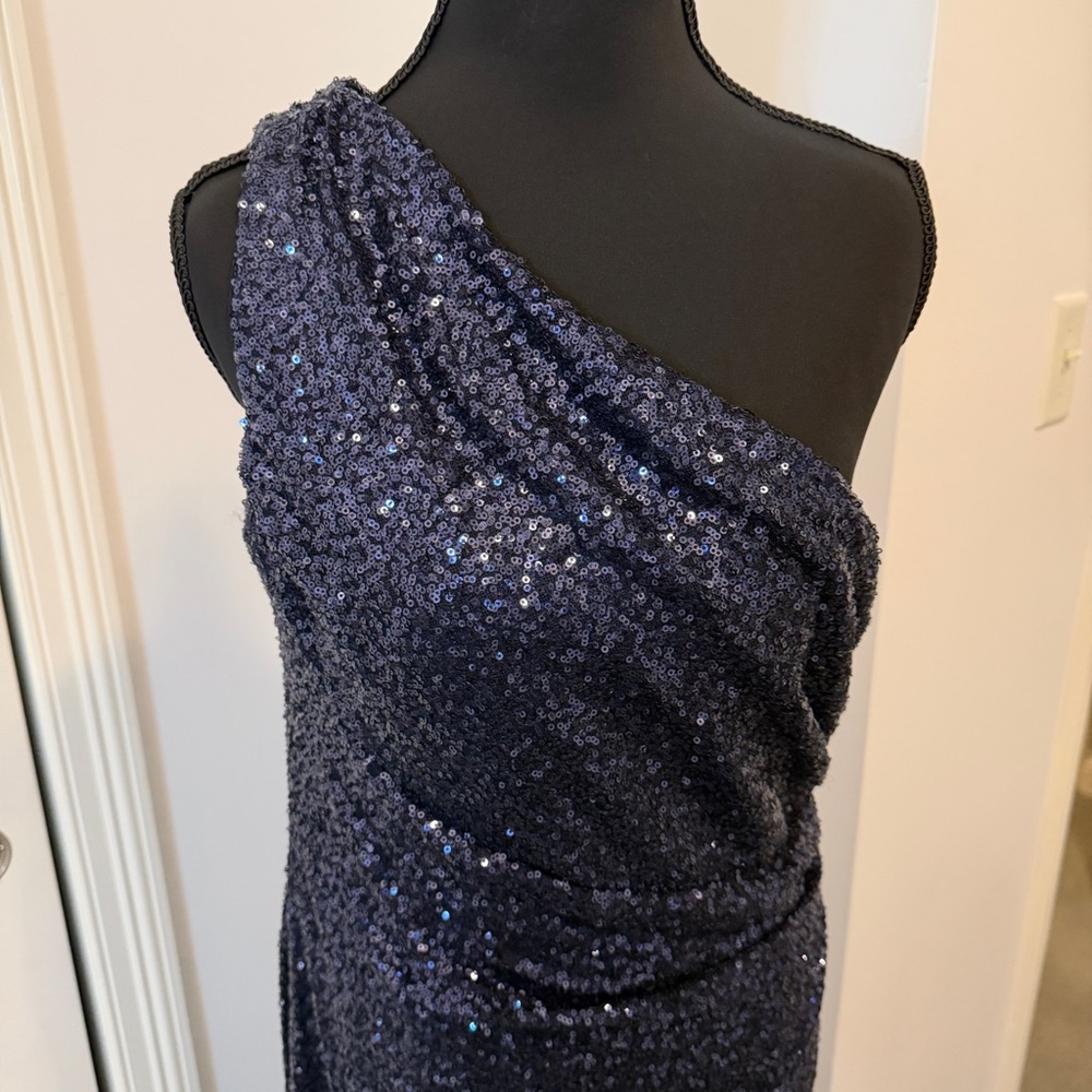 Lauren Ralph Lauren Evening - Navy Sequin One Shoulder Full Length Gown Size 14 - Picture 5 of 8